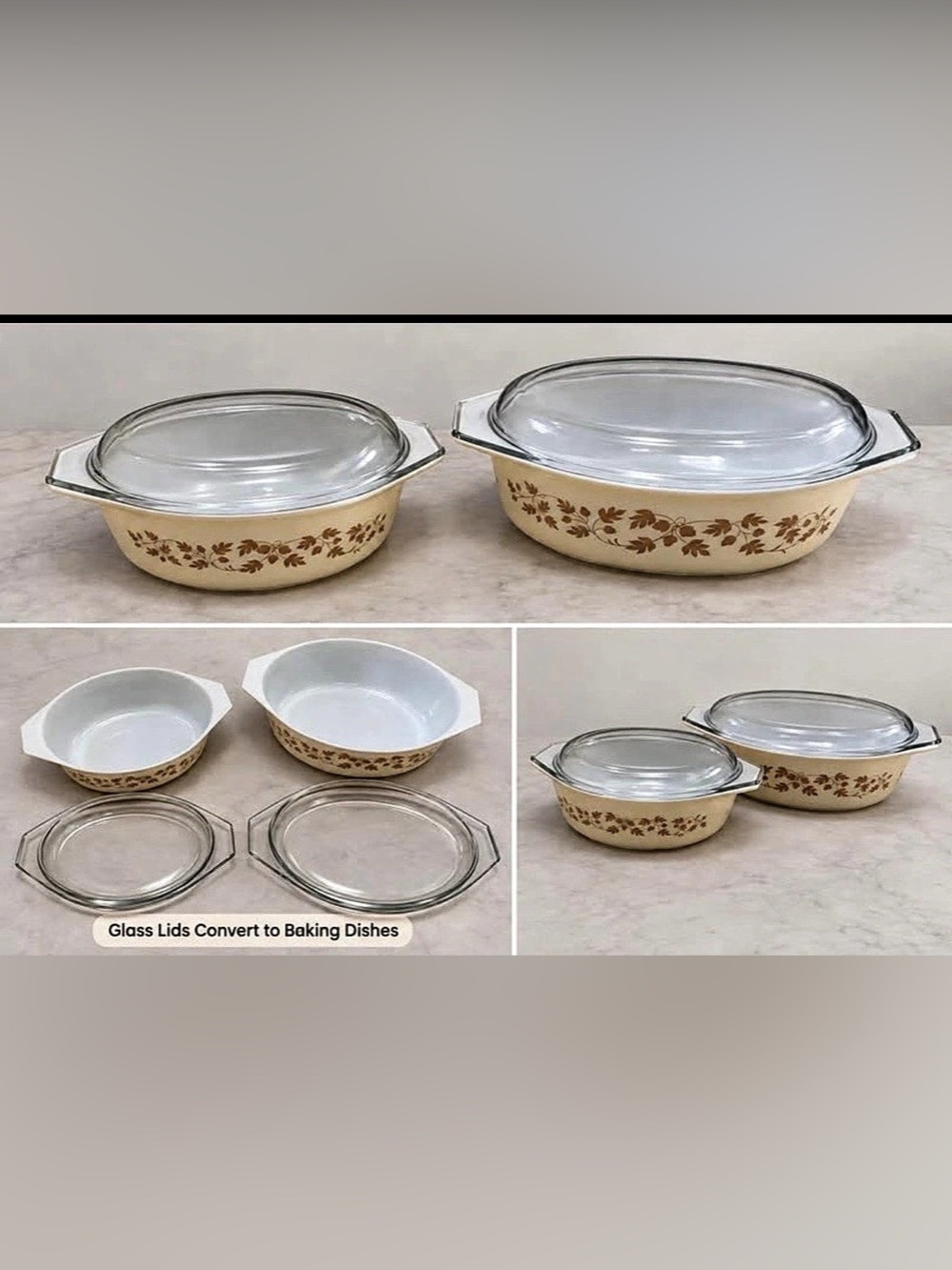 Vintage Pyrex Golden Acorn Gold Leaf 4-Piece Baking Set with Glass Lids